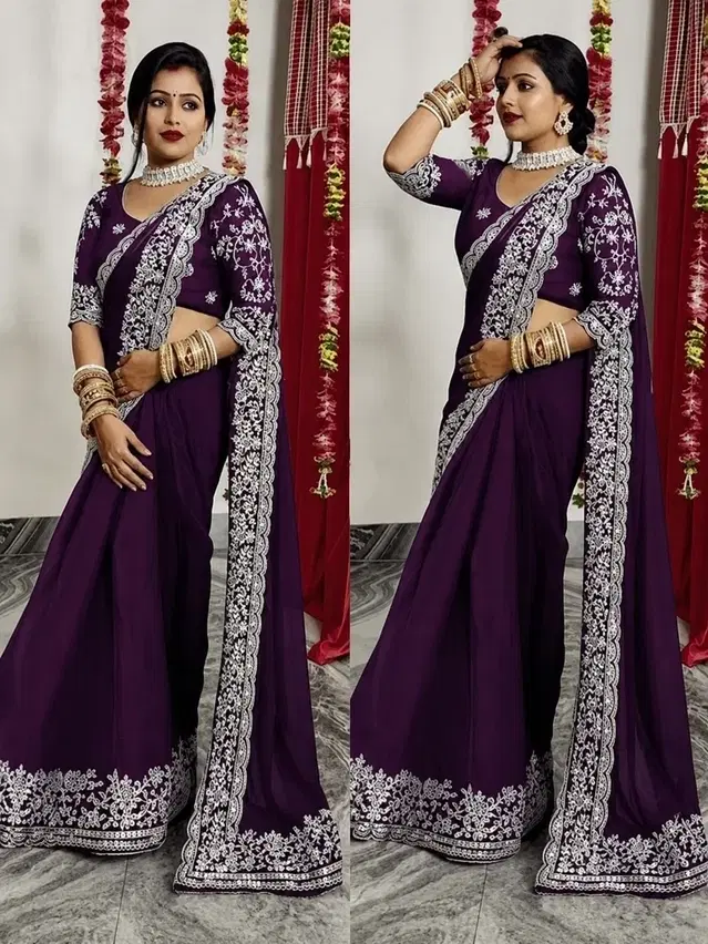Poly Georgette Solid Saree For Women, Purple