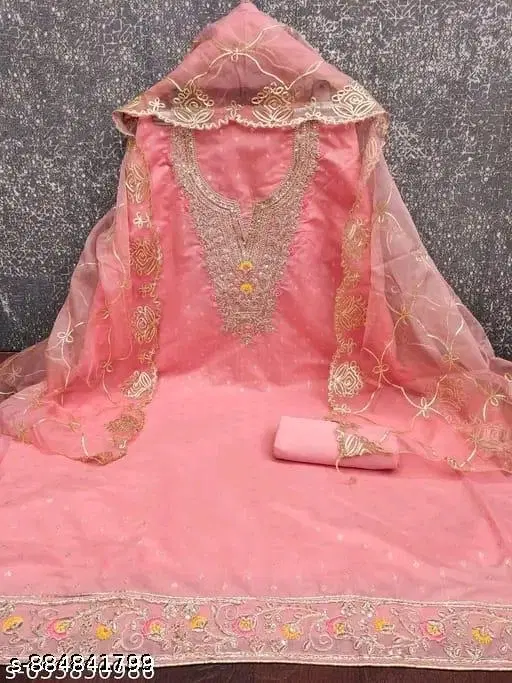 Chanderi Silk Embroidered Punjabi/All Over Suits for Women (Peach, Un Stitched)