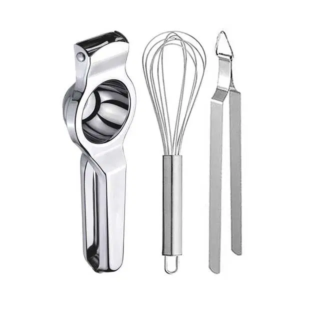 Oc9 Stainless Steel Lemon Squeezer & Egg Whisk & Roti Chimta Kitchen Tool Set, O-12