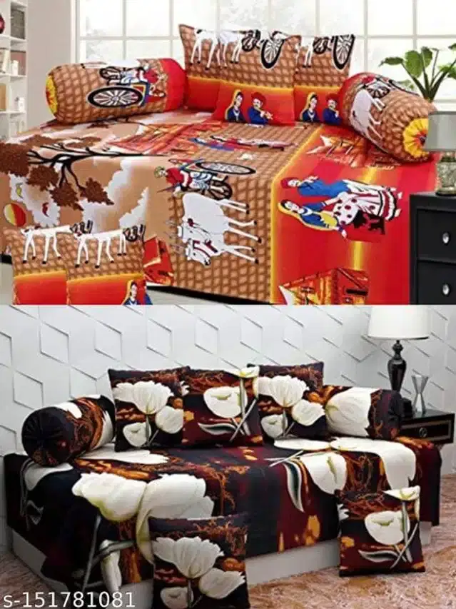 Polycotton Diwan Cover Set, Multicolor, Combo of 2
