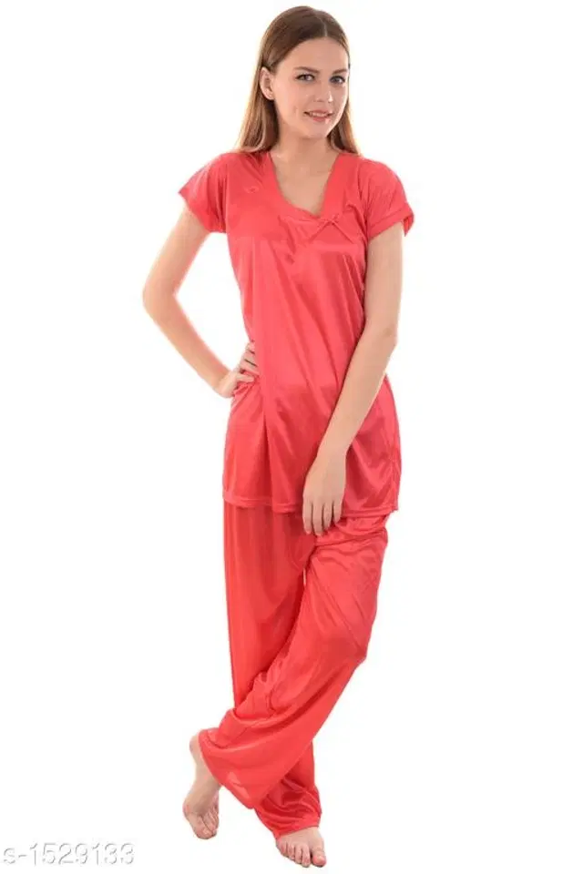 Satin Nightsuit Set for Women (Pink, M)
