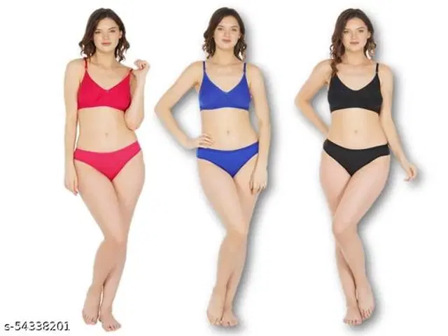 Cotton Blend Solid Lingerie Set for Women, Pack of 3 (Multicolor, 30A)