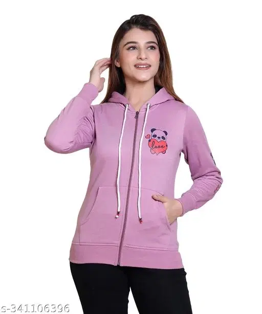 Fleece Printed Hoodie for Women (Purple, L)