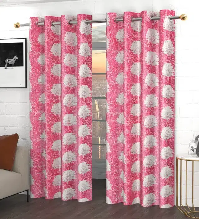 Printed Polyester Curtains, Pink, 5 feet, Pack of 2