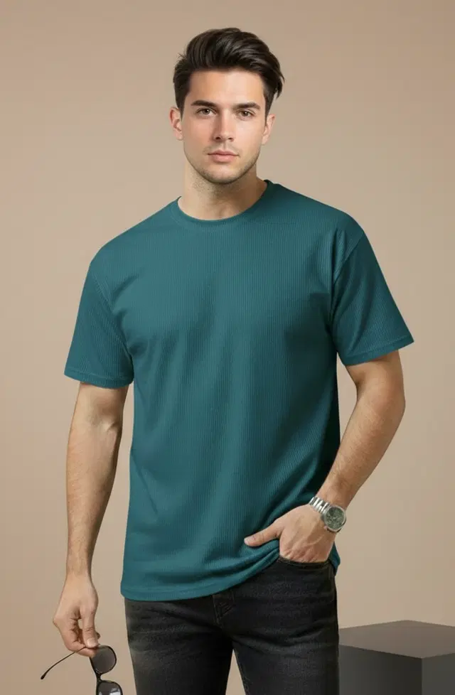 Polyester Round Neck T-shirt for Men, Teal (L)