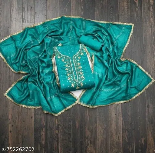 Embroidered Botanical Patiala Suit for Women (Blue, 5.85 meter (S)) (Multicolor, Un Stitched)