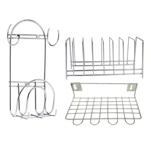 Stainless Steel Plate Stand & Utensil Holder with Chakla Belan Stand, Set of 3, Silver