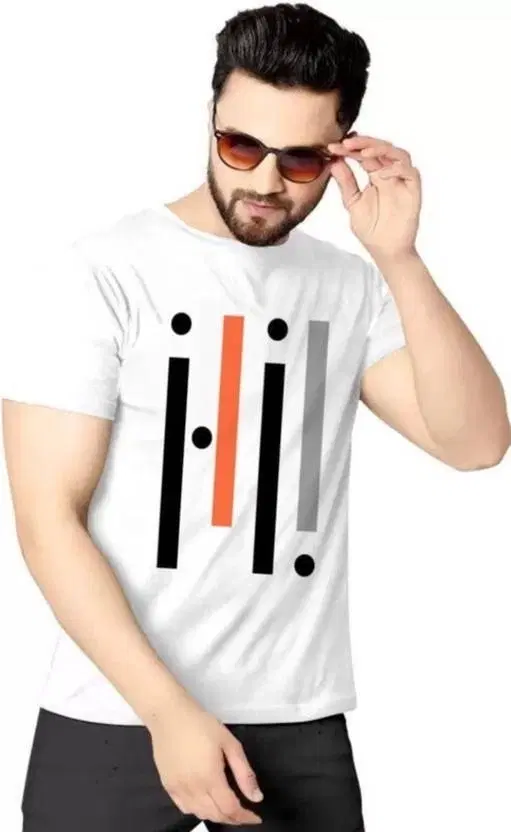 Round Neck Printed T-Shirt for Men, White (XL)