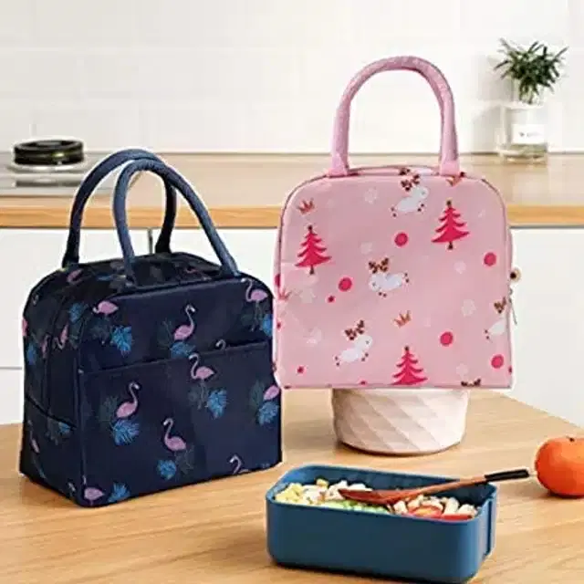 Polyester Lunch Bag, Dark Blue & Pink, 14x7x10 inches