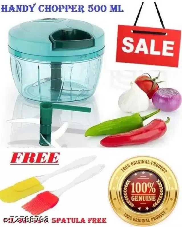 Plastic Manual Chopper with Free Spatula & Oil Brush, Sea Green, Set of 3
