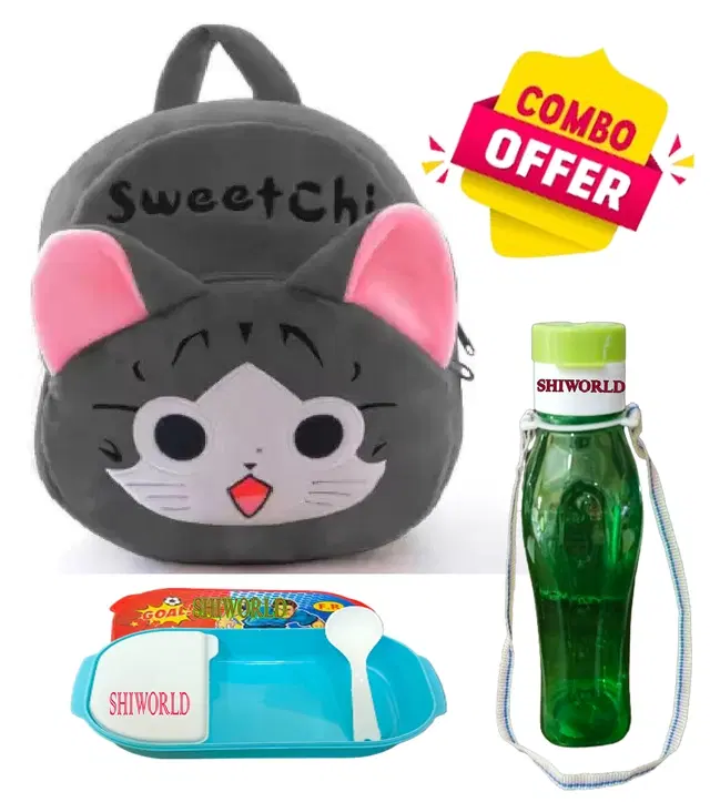 Combo of Fabric School Bag, Water Bottle with Lunch Box for Kids, Multicolor, Set of 3