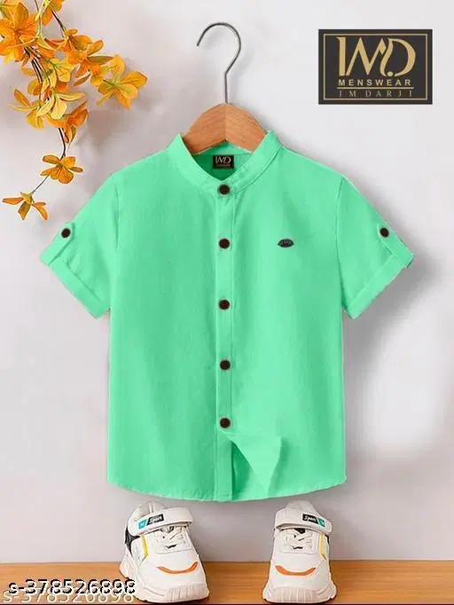 Solid Cotton Blend Mandarin Neck T-Shirt for Boys (Mint Green, 10-11 Years)