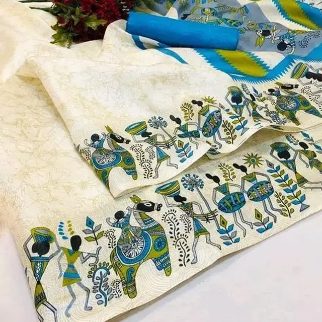 Art Silk Printed Saree for Women, White
