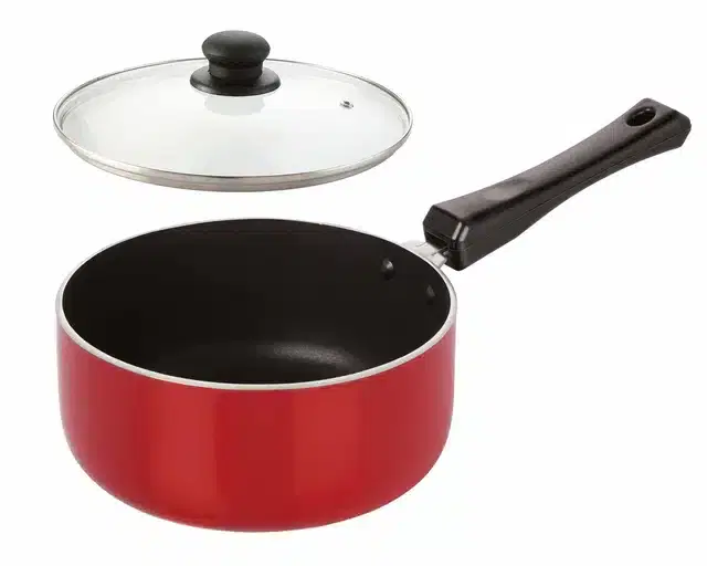 Aluminium Nonstick Coated Sauce Pan with Glass Lid, Red, 1.8 L