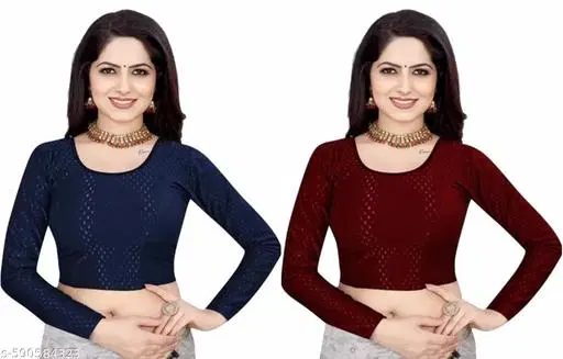 Lycra Ready Made Blouse for Women, Maroon & Blue, Pack of 2 (26)