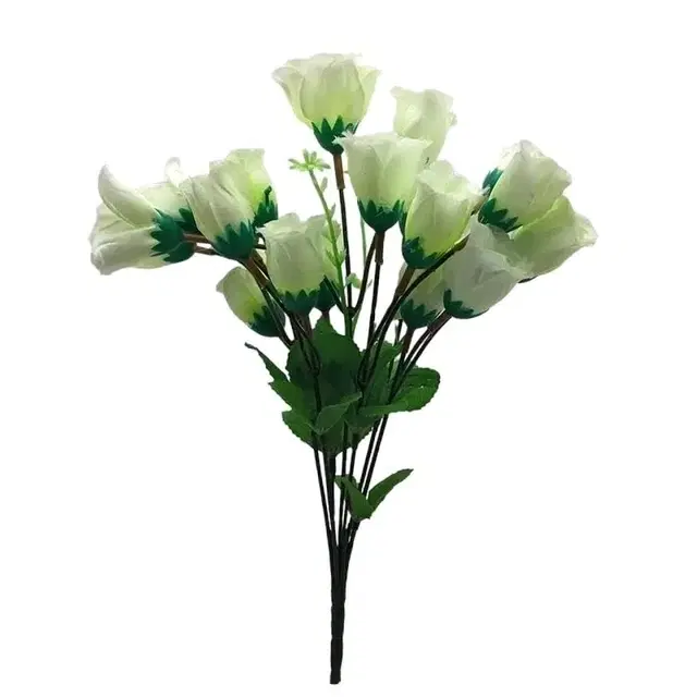 Artificial Rose Flower Bunch With Green Leaves For Home And Garden Decoration White