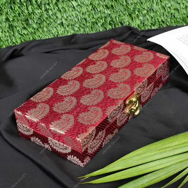 Cotton Silk Wooden Decorative Box for Wedding, Maroon, A-95