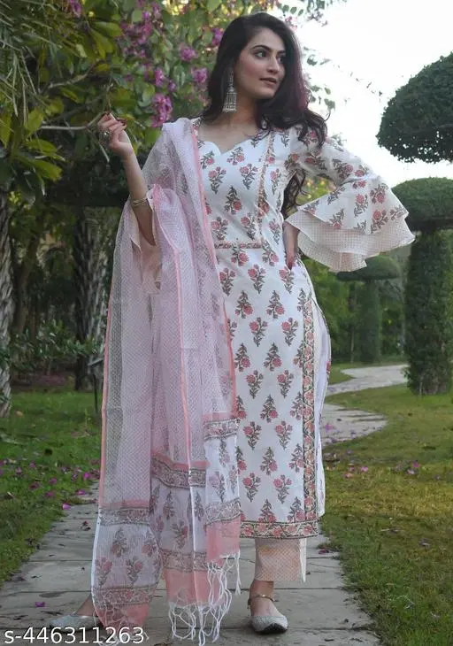 Floral Print Cotton Blend Kurti with Pant & Dupatta Set for Women (Pink, L)