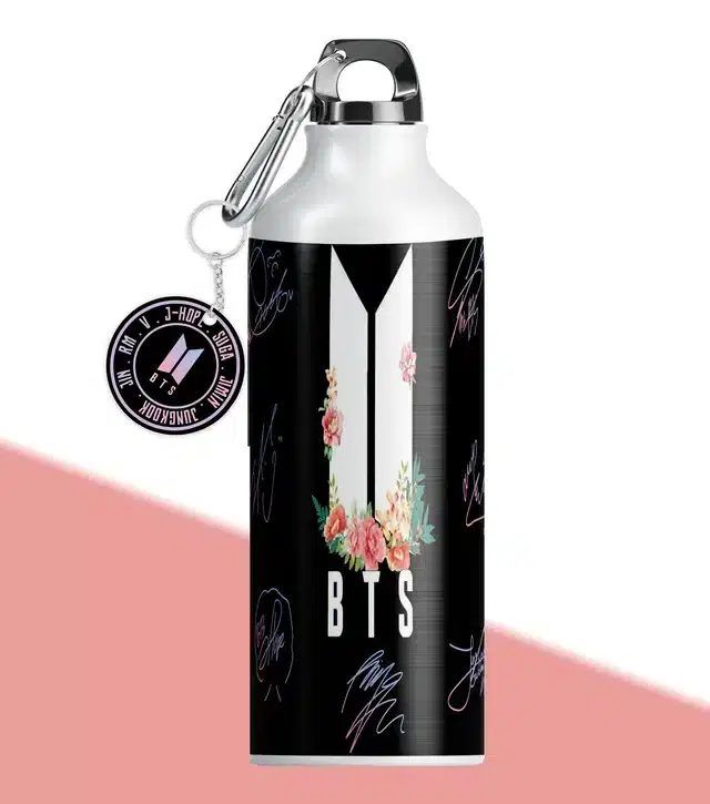 BTS Army BTS Logo Aluminium Printed Sipper Bottle with Keychain, Pack of 2, Multicolor, 350 ml, Gt-338