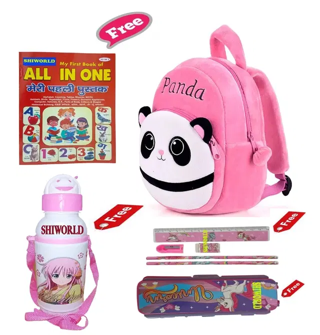 Combo of Kids Cartoon Bag Backpack, All In One Book, Water Bottle & Gift Set Geometry Set, Multicolor, Set of 1