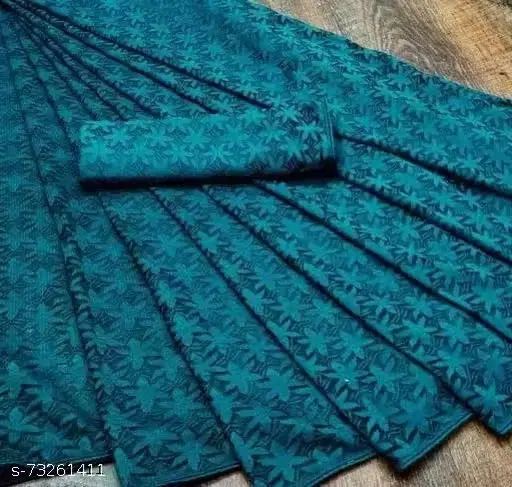 Net Solid Saree for Women, Teal (6.3 m)