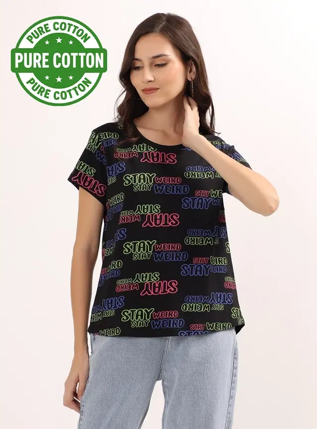 Round Neck Printed T-Shirt for Women, Multicolor (S)