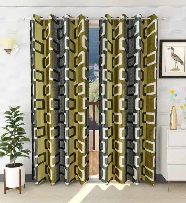 Polyester Printed Window & Door Curtains, Pack of 2, Green, 5 feet