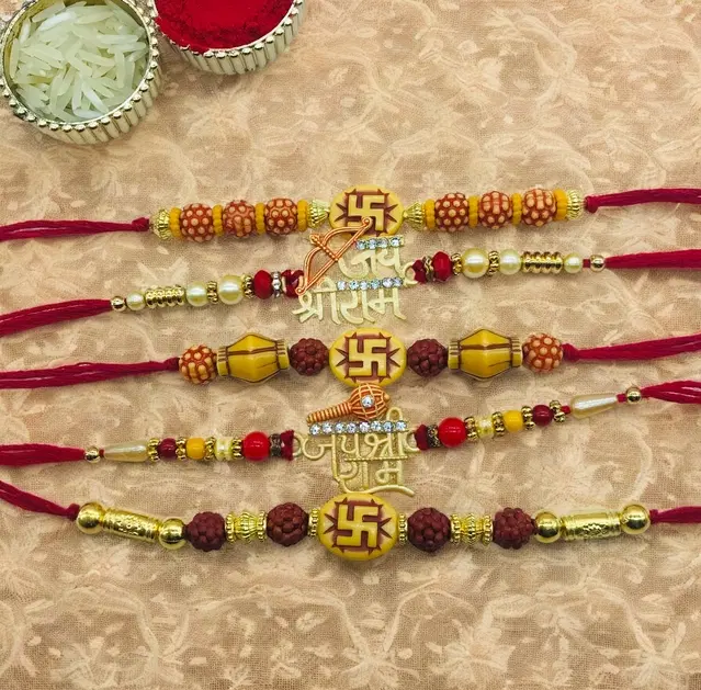 Handmade Designer Rakhi with Roli Chawal, Multicolor, Pack of 5