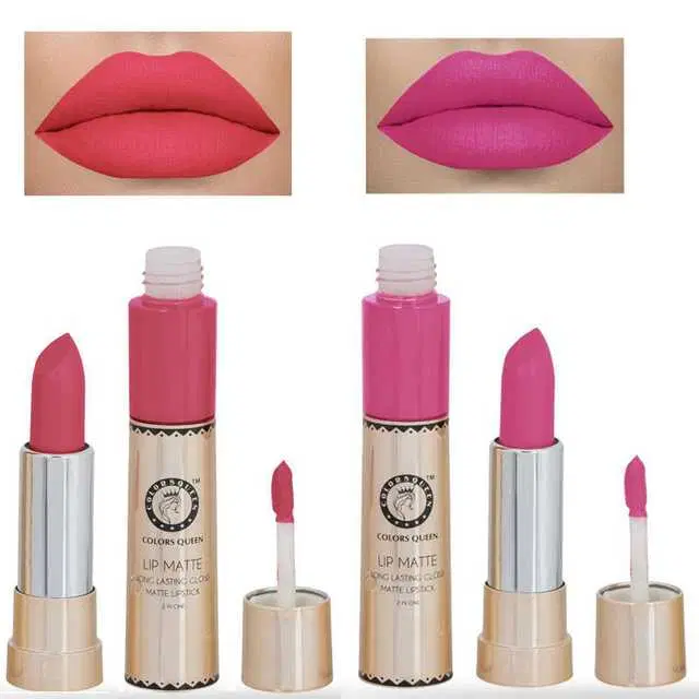 Combo of 1 Colors Queen Lip Matte Peach 2 In 1 24 Hour Long Lasting Gloss And Matte Lipstick, 6&2 g & 1 Colors Queen Lip Matte Pink 2 In 1 24 Hour Long Lasting Gloss And Matte Lipstick, 6&2 g, R891
