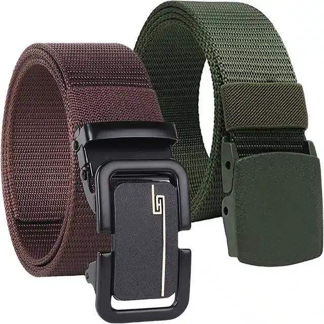 Casual Nylon Belt for Men, Pack of 2 (Brown & Green)