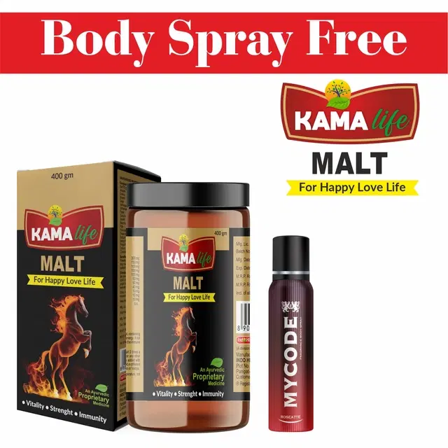 Kama Life Malt Ayurvedic Stamina Powder, 400 g with Free Mycode Roseatte Perfume Body Spray, Set of 2
