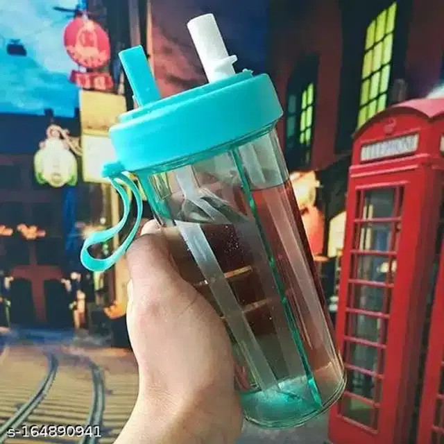 2 in 1 Dual Straws Water Bottle, Assorted, 420 ml