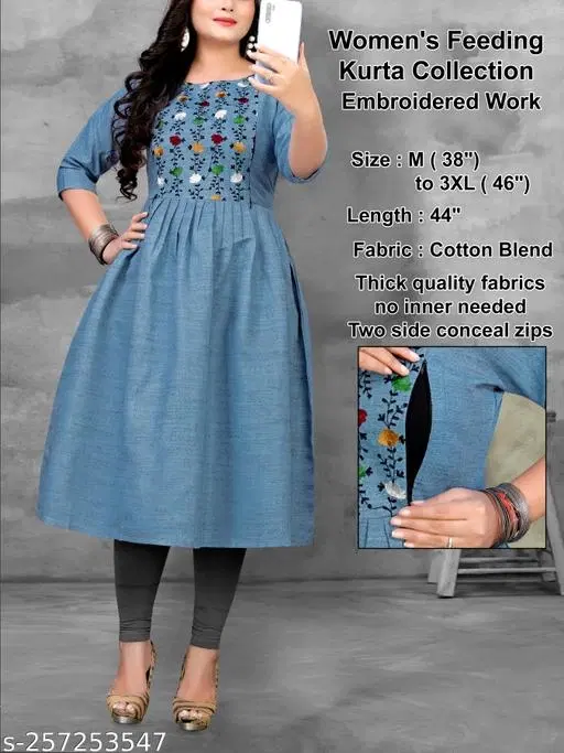Embroidered Maternity Cotton Kurti for Women (Blue, M)