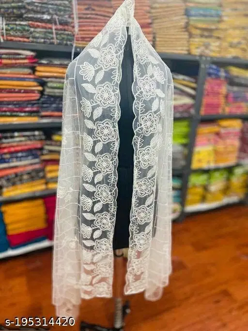 Embroidered Jaipuri Net with Aari Work (White, Free Size)