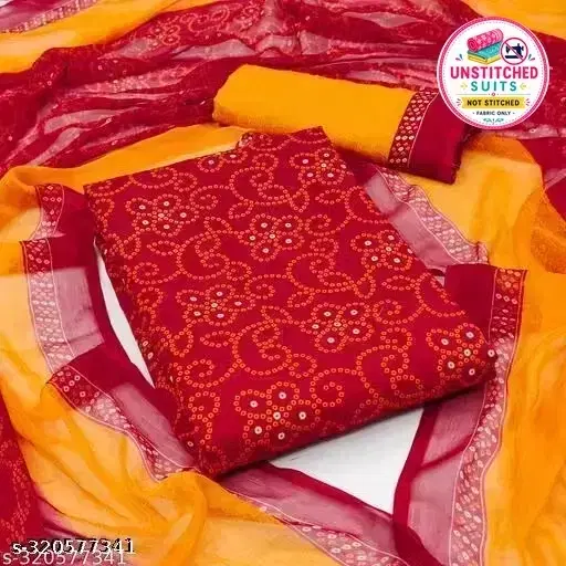 Floral Print Cotton Blend Unstitched Suit Fabric for Women, Red & Yellow
