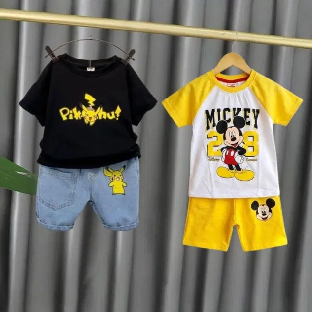 Pikachu Printed T-Shirt & Denim Shorts Set for Boys, Pack of 2 (Black, 4 - 5 Years)