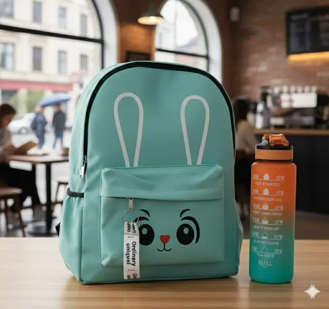 Polyester Backpack with Plastic Water Bottle Set for Men & Women, Green