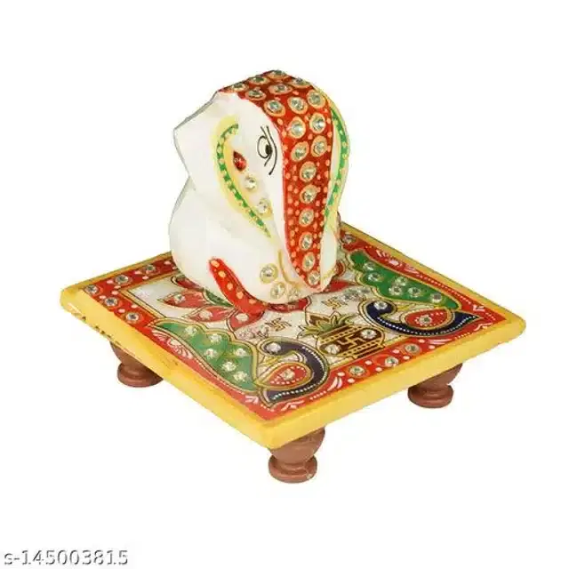 Marble Pooja Chowki with Ganesh ji Idols, Multicolor, Set of 2