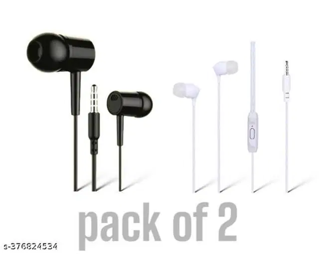 Premium 3.5 mm Jack Wired Earphones, Black & White, Pack of 2