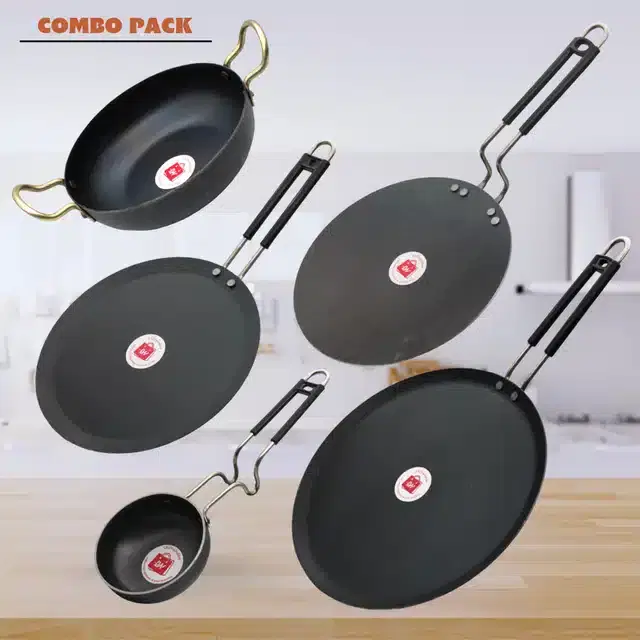 Frying Pan & Tawa Set, Pack of 5, Black, 1000 ml