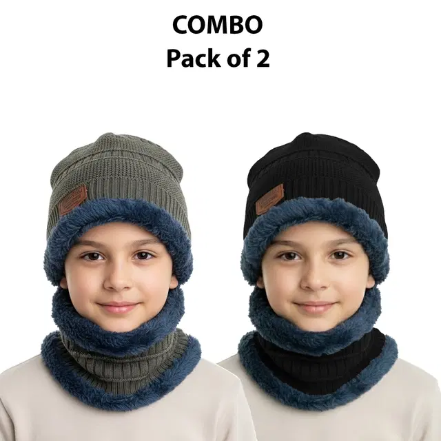 Woolen Solid Cap with Neck Wramer for Kids, Pack of 2, Multicolor
