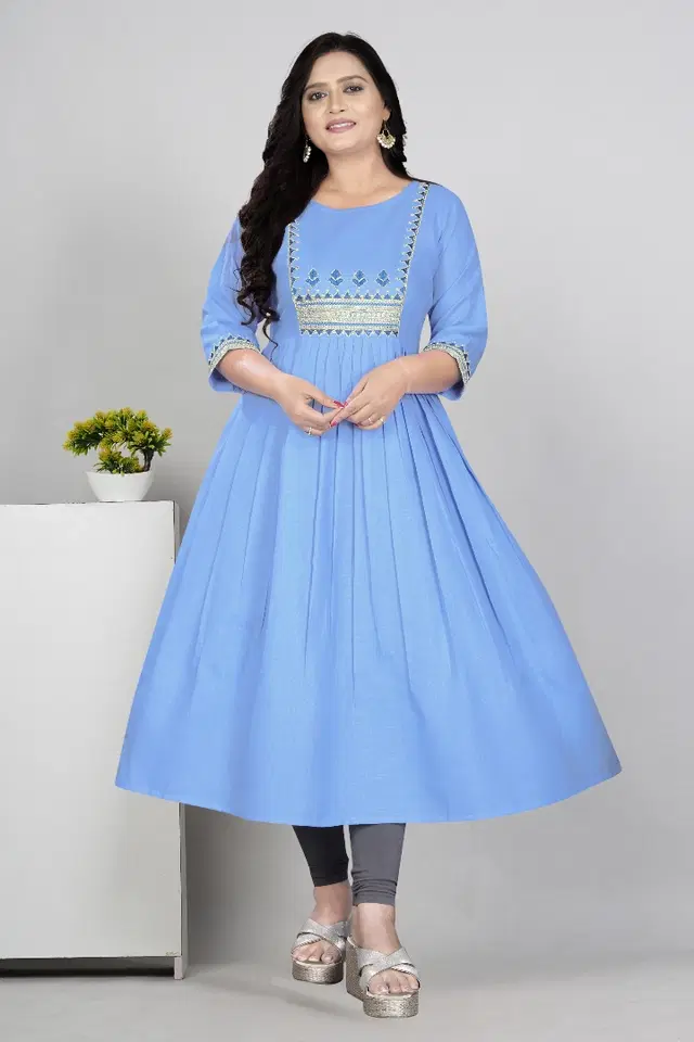 Zari Embroidered Cotton Blend Anarkali Kurti for Women (Aqua Blue, M)