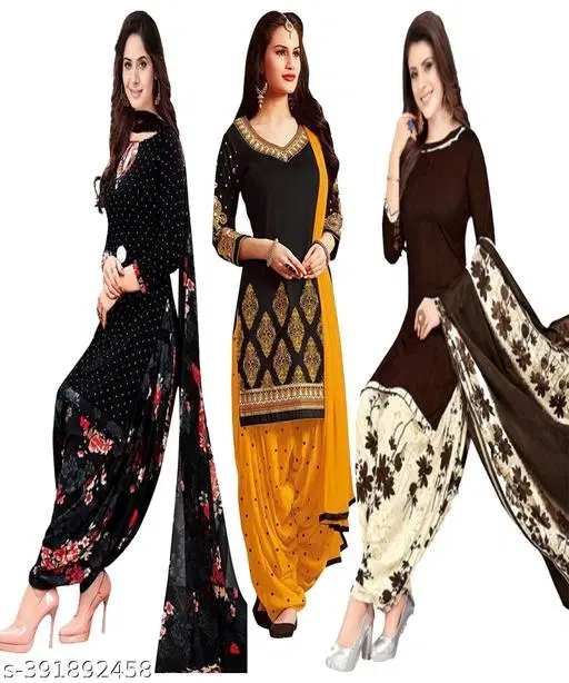 Crepe Printed Unstitched Suits for Women, Pack of 3 (Black, Un Stitched)