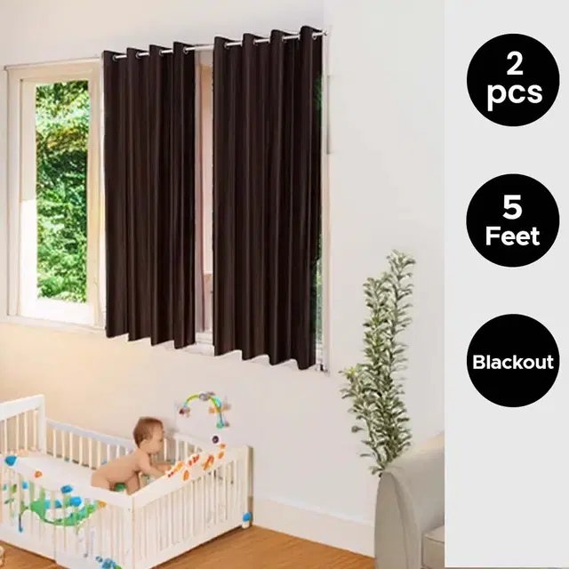 Polyester Blackout Plain Brown Window Curtain 5ft Combo (Pack of 2)