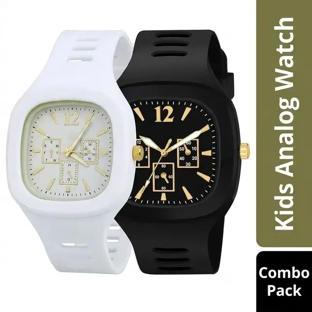 Kids Square Dial Analog Watches - Pack of 2, Black & White