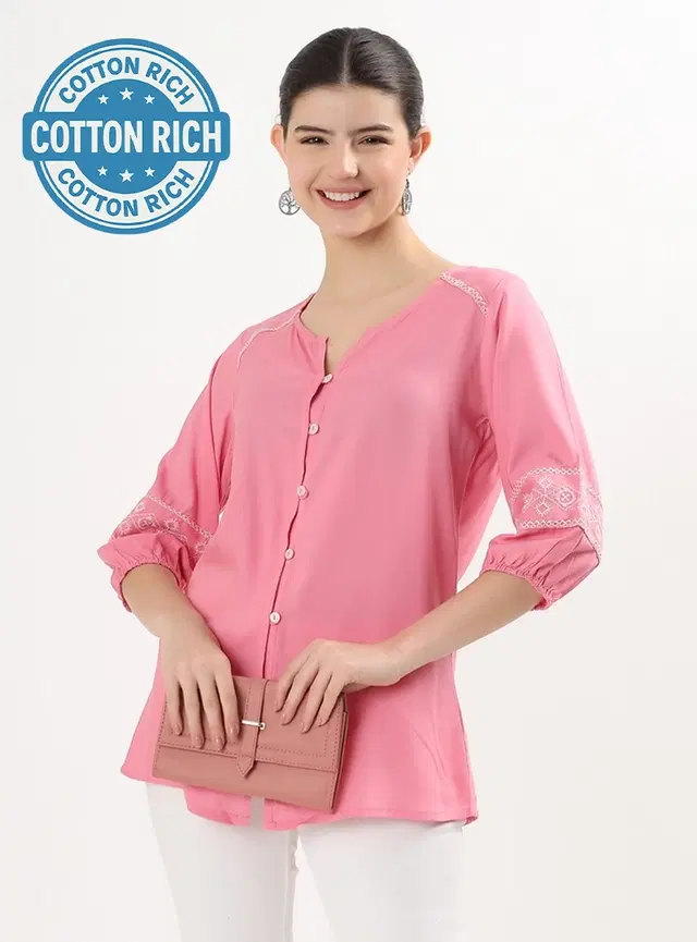 Women's Casual Regular Sleeves Embroidered Short Kurti, Pink (XL)