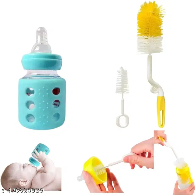 Combo of Milk Bottle, 60 ml with Bottle & Nipple Cleaning Brushes, Multicolor, Set of 3