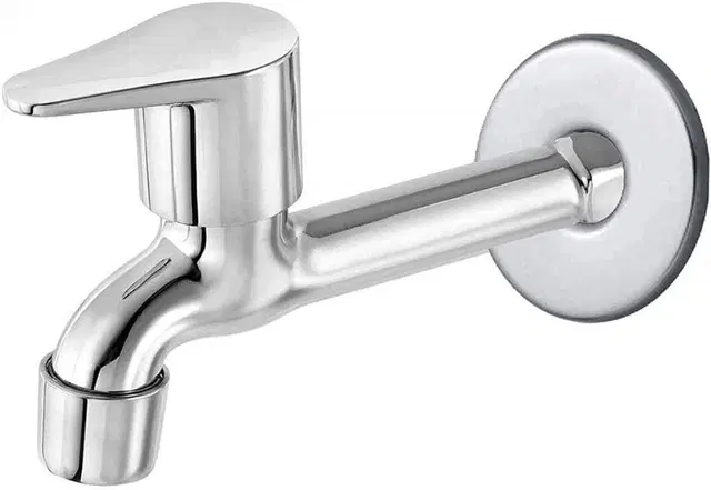Stainless Steel Long Body Bib Cock Tap with Wall Flange, Silver, Set of 1