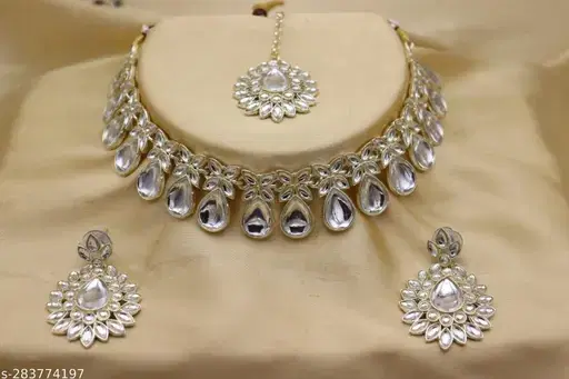 Kundan Choker with Earrings Set, Silver, Set of 1)