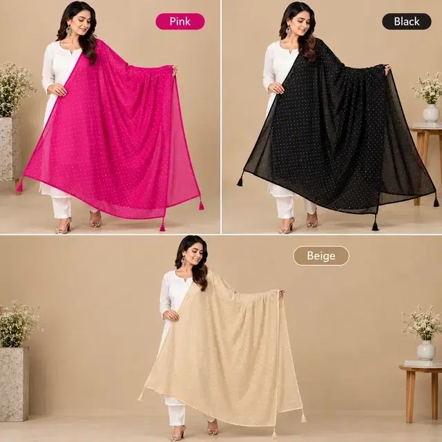 Poly Cotton Dupatta for Women (Pink, Black, Beige, Free Size) Pack of 3